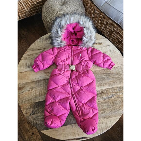 Ralph Lauren Baby Girl Down Puffer Snowsuit Size 3 Months Gold Buckle Faux Fur - Picture 1 of 9